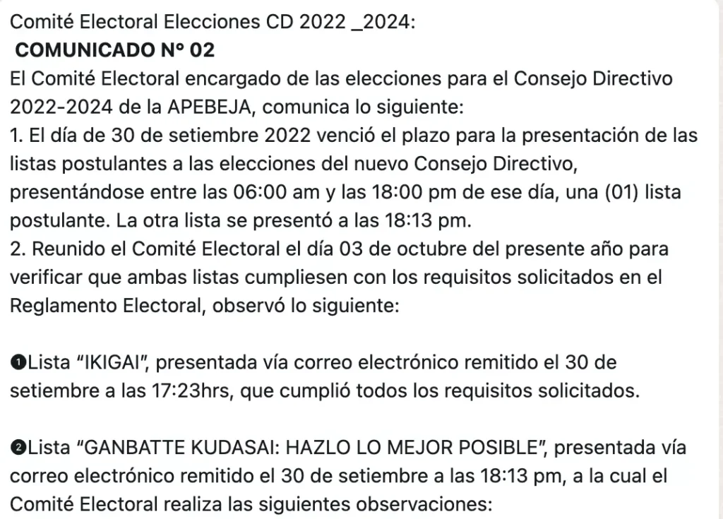 Comunicado No. 02 del Comité Electoral